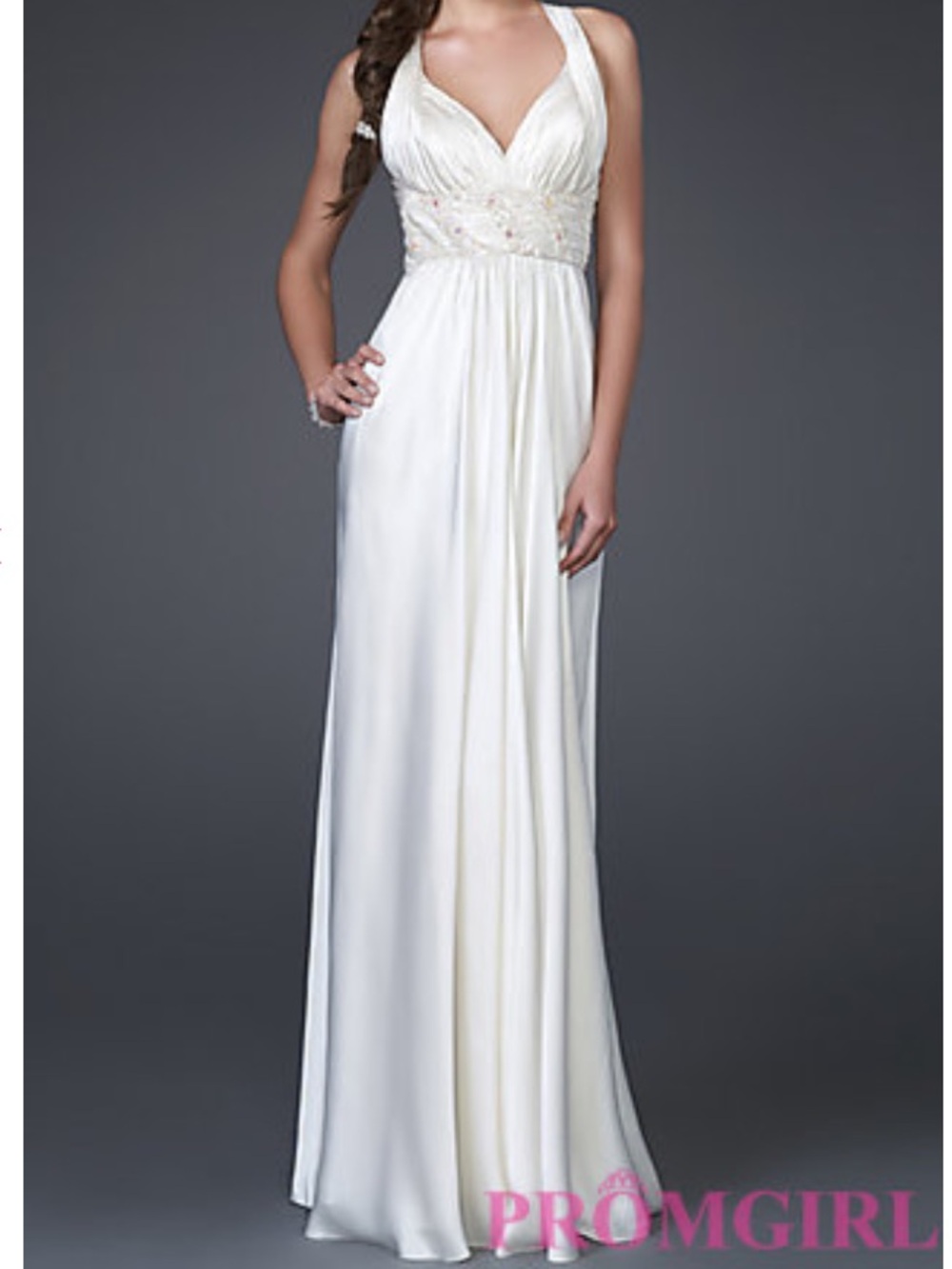 La Femme Cream Halter Maxi Dress with Gold Waist Embellishment
